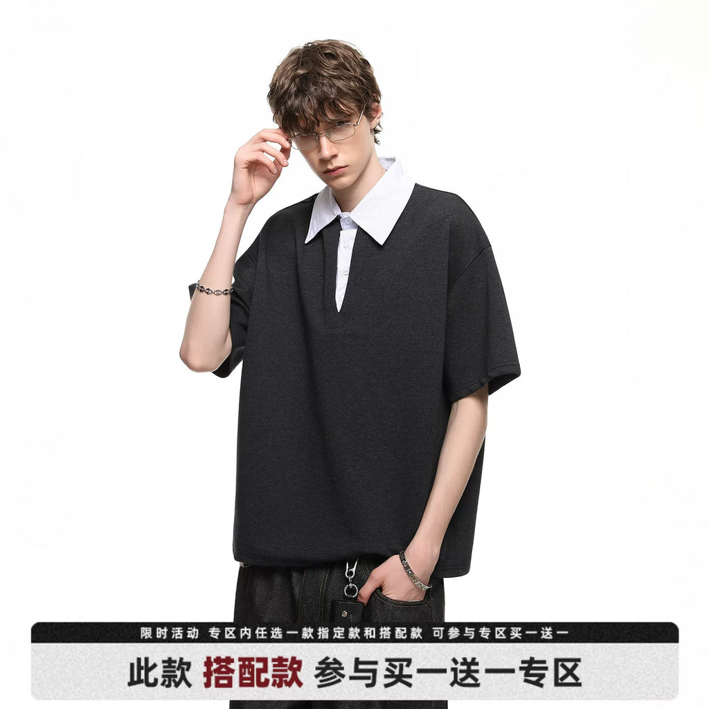 Trendy block cleanfit fake two piece shirt collar short sleeved T-shirt men's summer loose college style polo shirt top