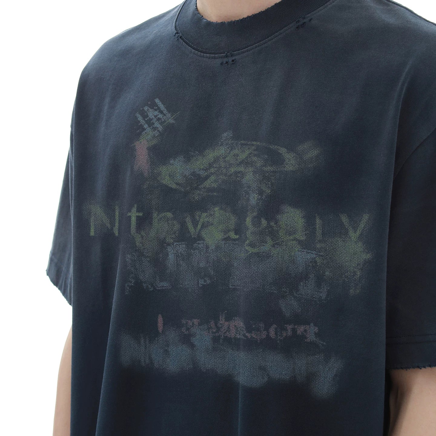 300g heavy-duty wash water gradient small neckline short sleeved T-shirt for men's summer trendy brand, stiff and loose, pure cotton half sleeved T-shirt