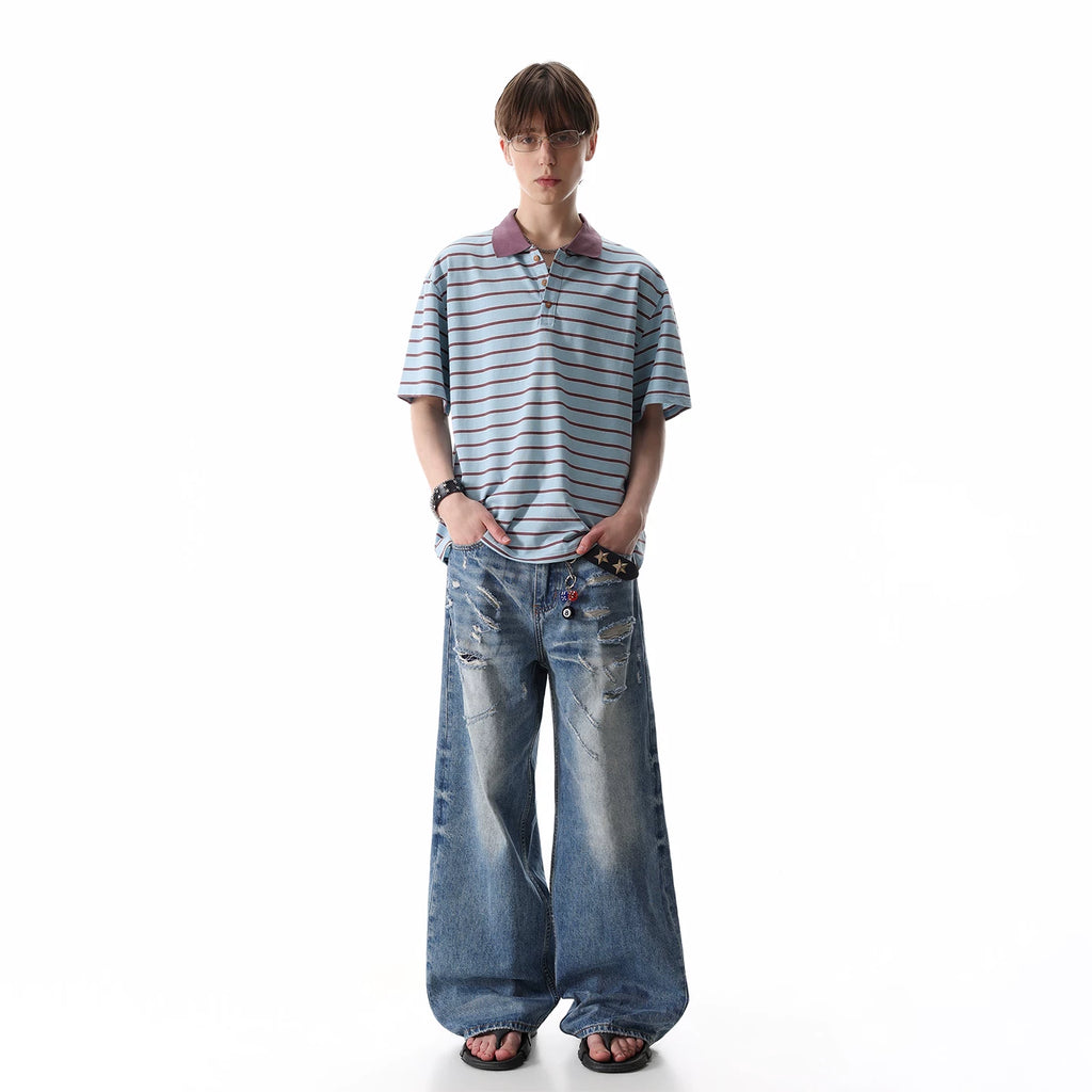 TREND ST retro contrasting striped polo shirt short sleeved men's summer 2026 new loose casual collar T-shirt