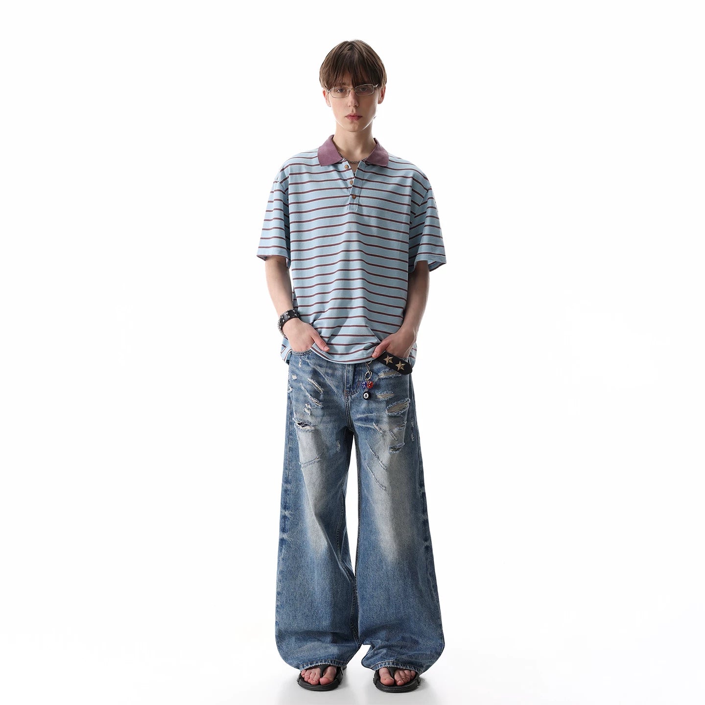 TREND ST retro contrasting striped polo shirt short sleeved men's summer 2026 new loose casual collar T-shirt