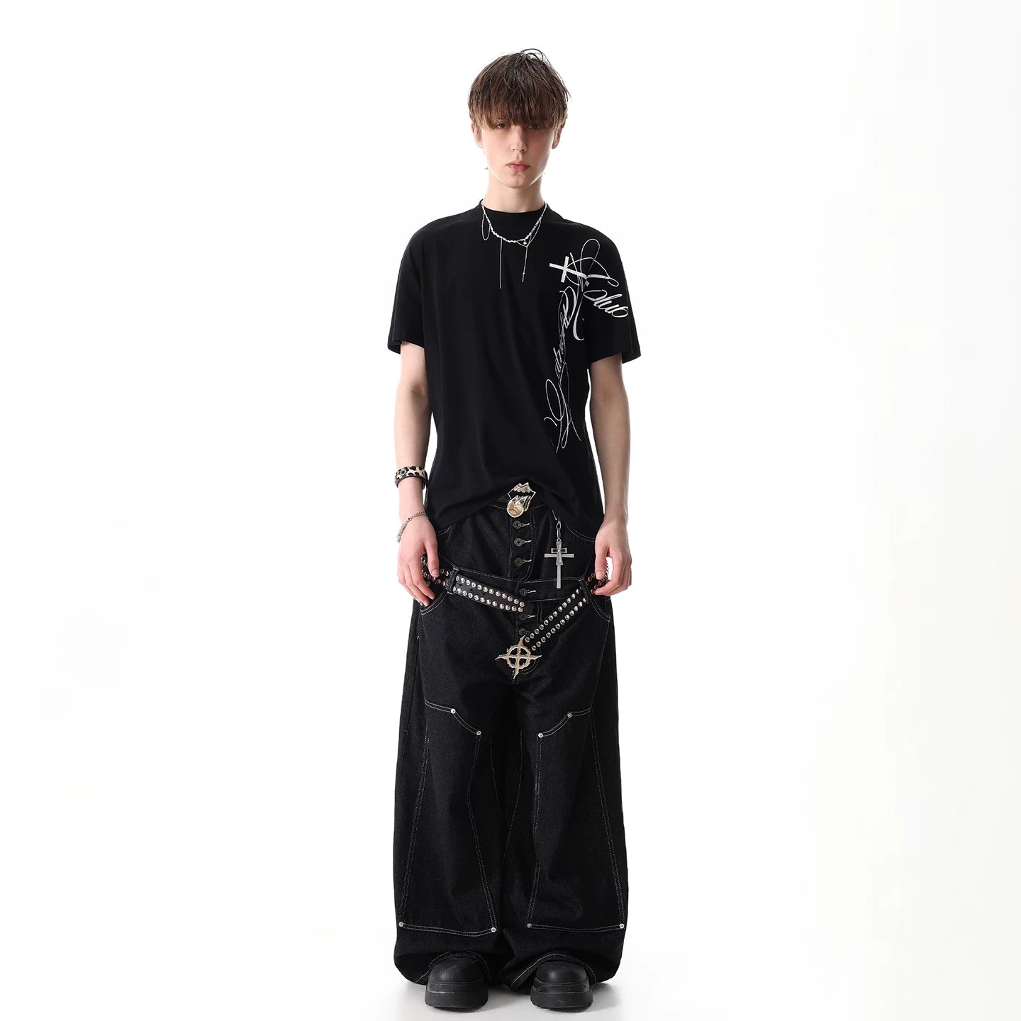TREND ST American street print slim fit shoulder short sleeved T-shirt for men and women summer boxy version semi high neck top