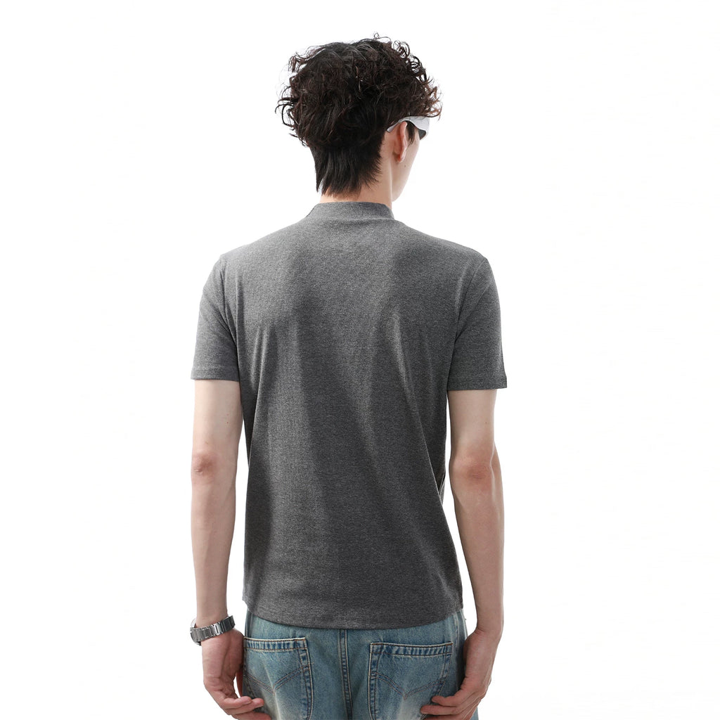 Wang Jiaer's trendy street style slim fit half high neck T-shirt with front shoulder, men's cleanfit, heavyweight solid color short sleeved boxy