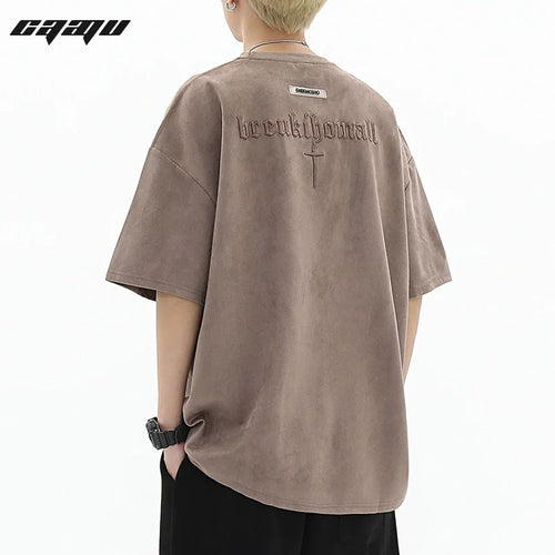 American retro embroidered suede short sleeved T-shirt for men's summer fashion brand hip-hop loose couple casual half sleeved T-shirt