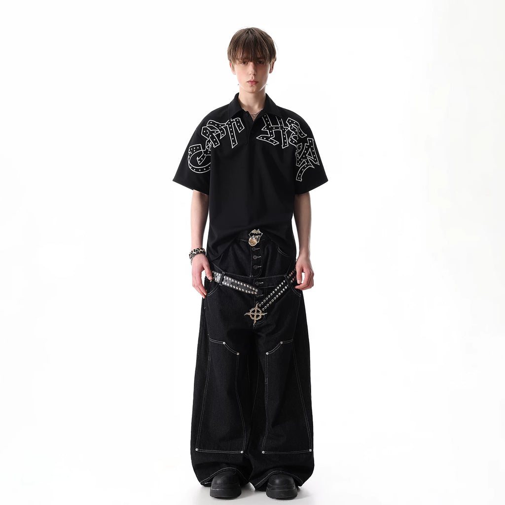 Original trendy brand visual style dark brick embroidered short sleeved shirt for men in summer, cool and loose half sleeved polo shirt