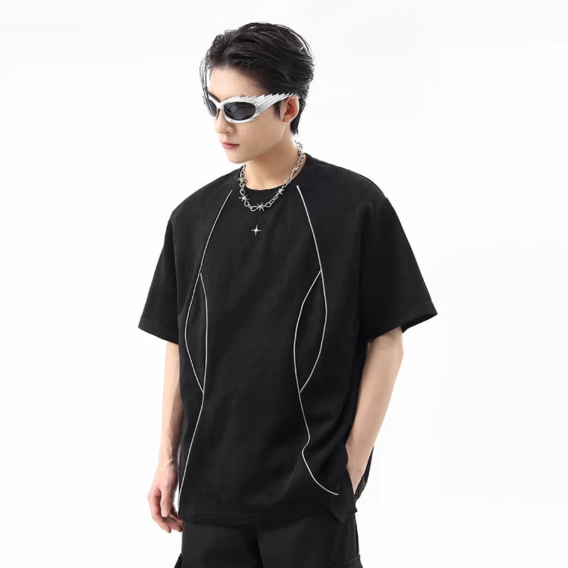 High street niche design suede short sleeved t-shirt men's summer American deconstructive reflective strip loose couple T-shirt