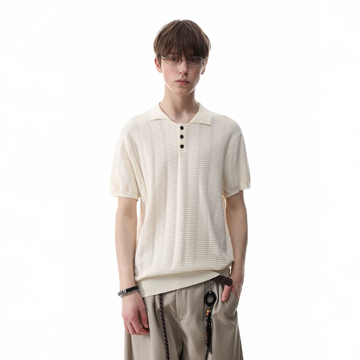 TREND ST old money style pit stripe texture knitted short sleeved polo shirt for men's summer retro short wide lapel T-shirt