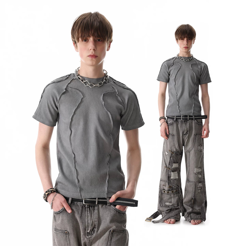 TREND ST Heavy Weight 450g Craftsmanship Deconstruction Slim Short Sleeve T-shirt for Men and Women, Wasteland Wind Pioneer Shoulder Insert T-shirt