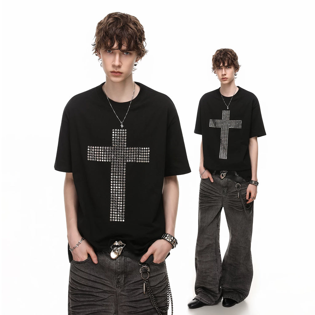 American street design, rivet cross, pure cotton T-shirt, short sleeved men's cleanfit, loose couple half sleeve