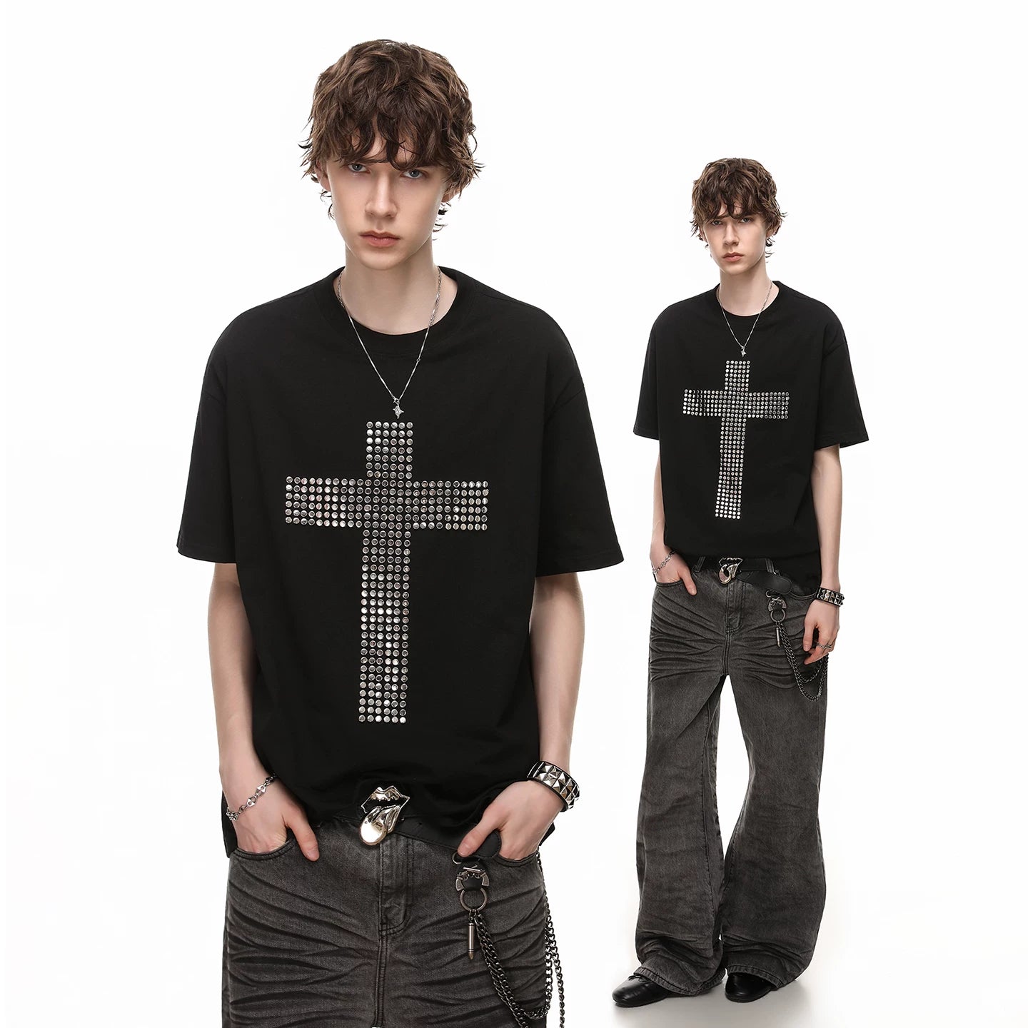 American street design, rivet cross, pure cotton T-shirt, short sleeved men's cleanfit, loose couple half sleeve