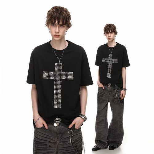 American street design, rivet cross, pure cotton T-shirt, short sleeved men's cleanfit, loose couple half sleeve