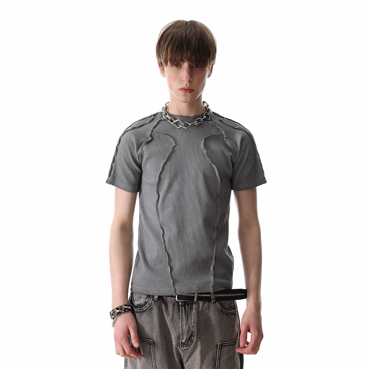 TREND ST Heavy Weight 450g Craftsmanship Deconstruction Slim Short Sleeve T-shirt for Men and Women, Wasteland Wind Pioneer Shoulder Insert T-shirt
