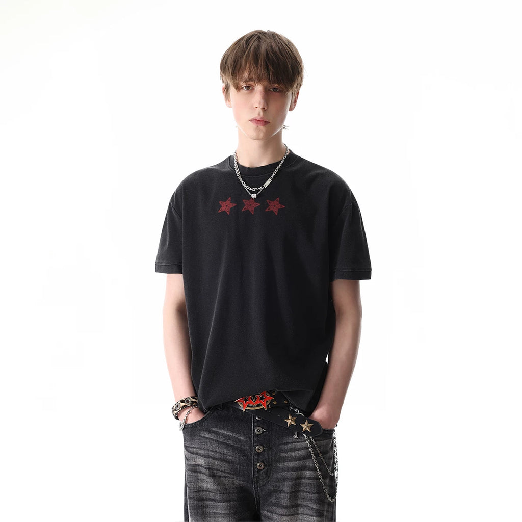 TREND ST American Street Letter Printed Short sleeved T-shirt Men's and Women's Contrast Round Neck Light Asian Boxy Shoulder Top
