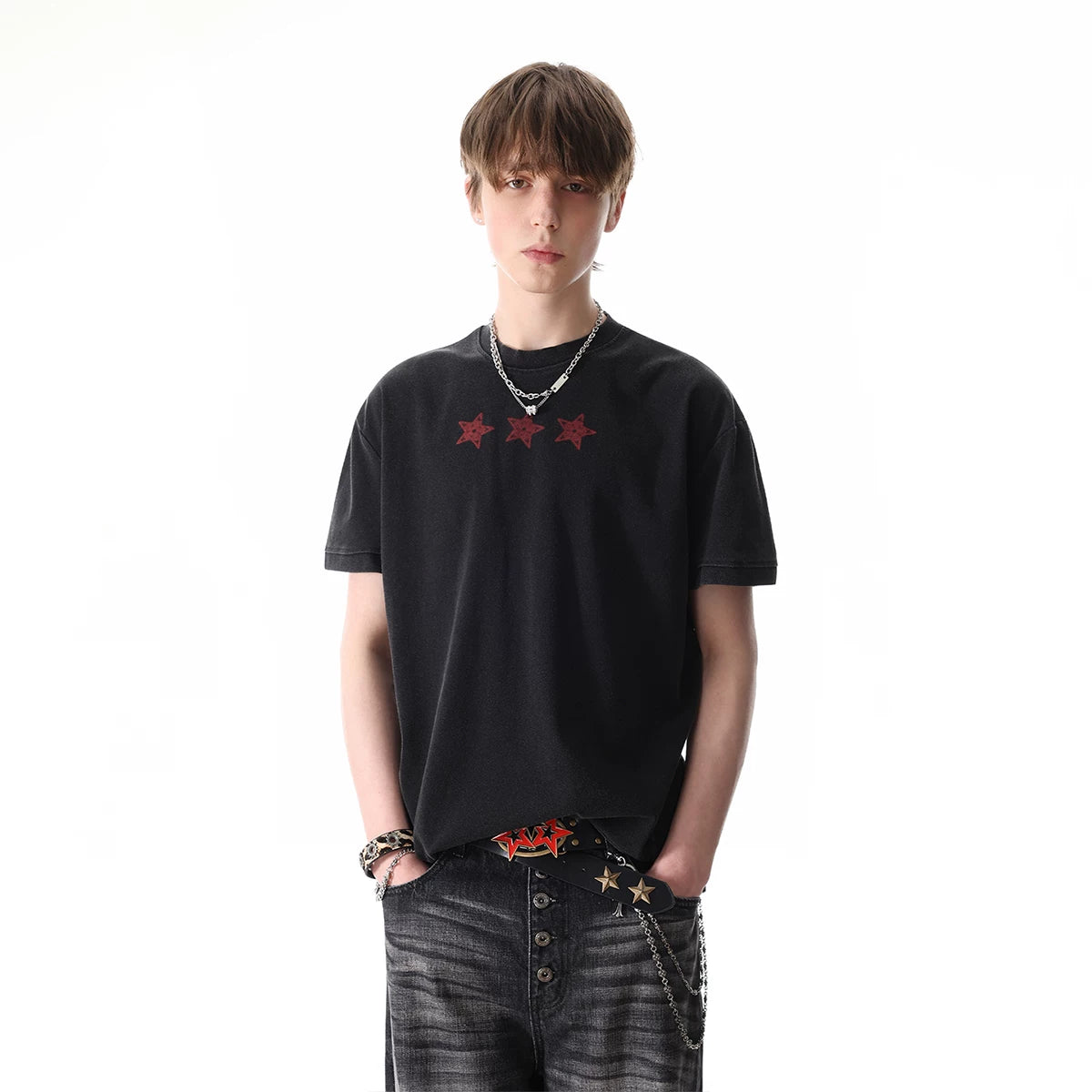 TREND ST American Street Letter Printed Short sleeved T-shirt Men's and Women's Contrast Round Neck Light Asian Boxy Shoulder Top