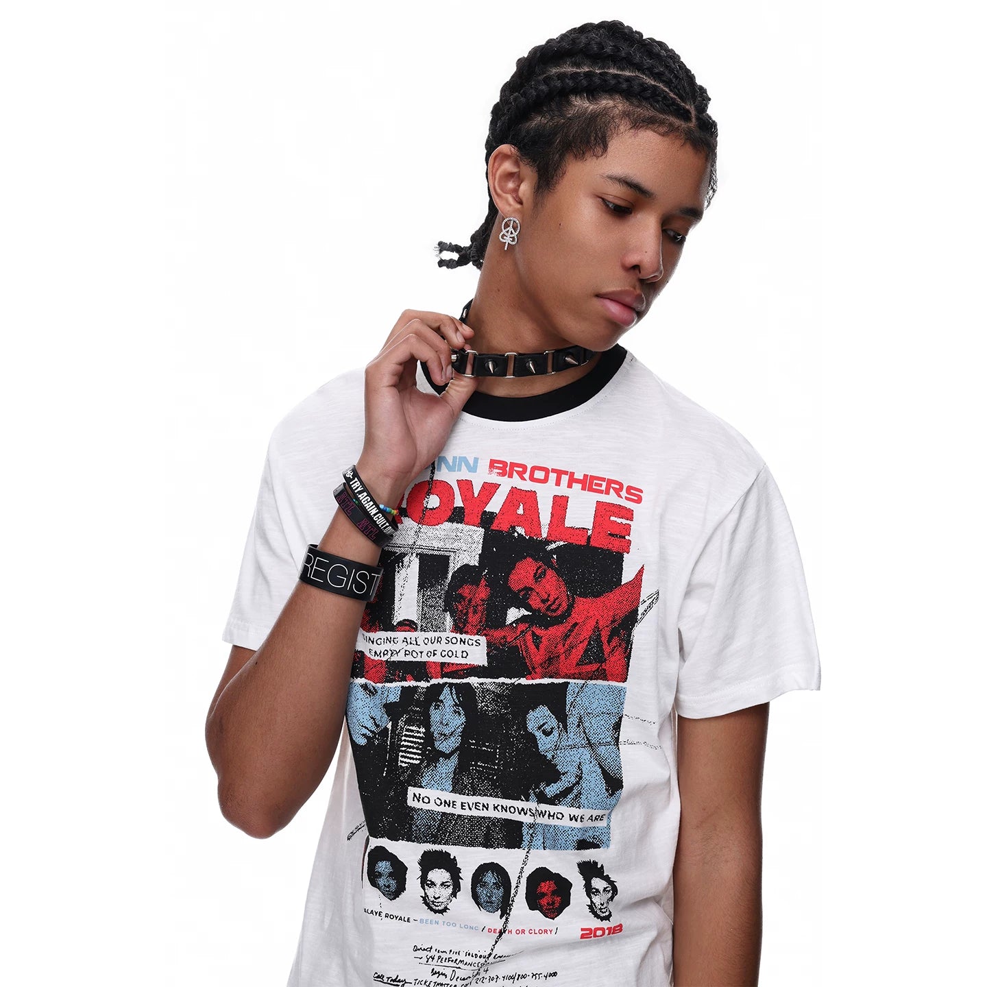 TREND ST American High Street Front Shoulder Boxy Short Style Printed Short Sleeve T-shirt for Men's Summer Hip Hop Band TEE