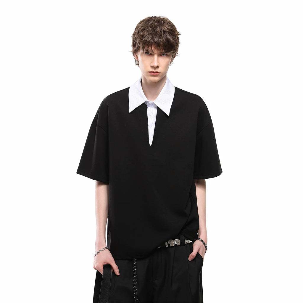 American style fake two-piece spliced polo shirt short sleeved men's and women's summer loose design T-shirt versatile couple outfit half sleeved