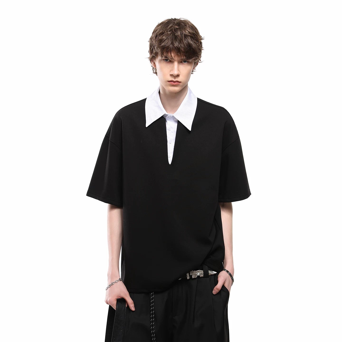 American style fake two-piece spliced polo shirt short sleeved men's and women's summer loose design T-shirt versatile couple outfit half sleeved