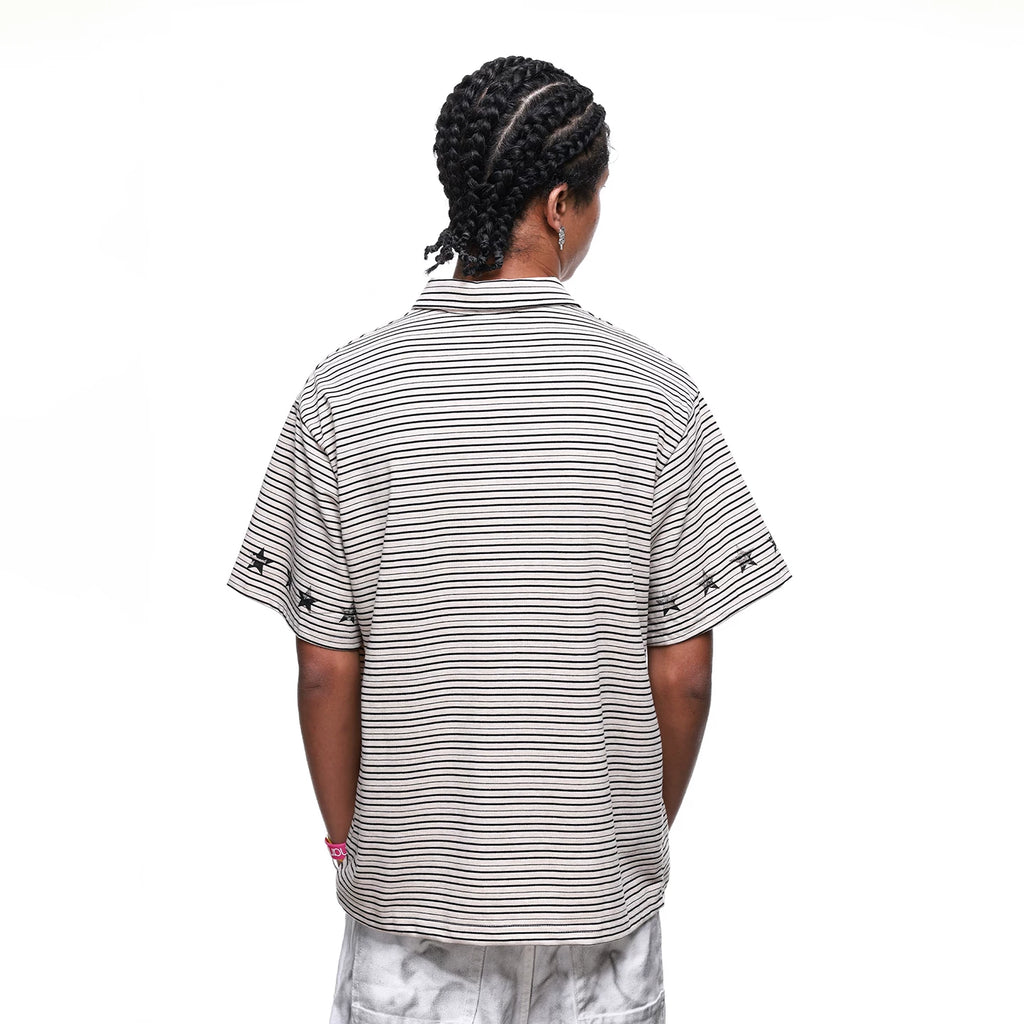 Original Trendy Street Label Music Note Star Printed Polo Shirt Short Sleeve Men's Summer Half Zipper Loose Stripe T-shirt