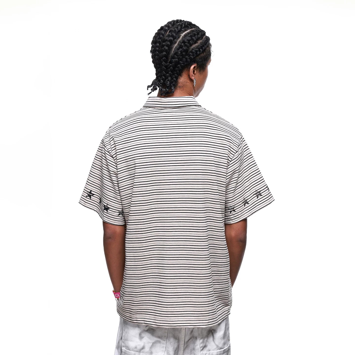 Original Trendy Street Label Music Note Star Printed Polo Shirt Short Sleeve Men's Summer Half Zipper Loose Stripe T-shirt