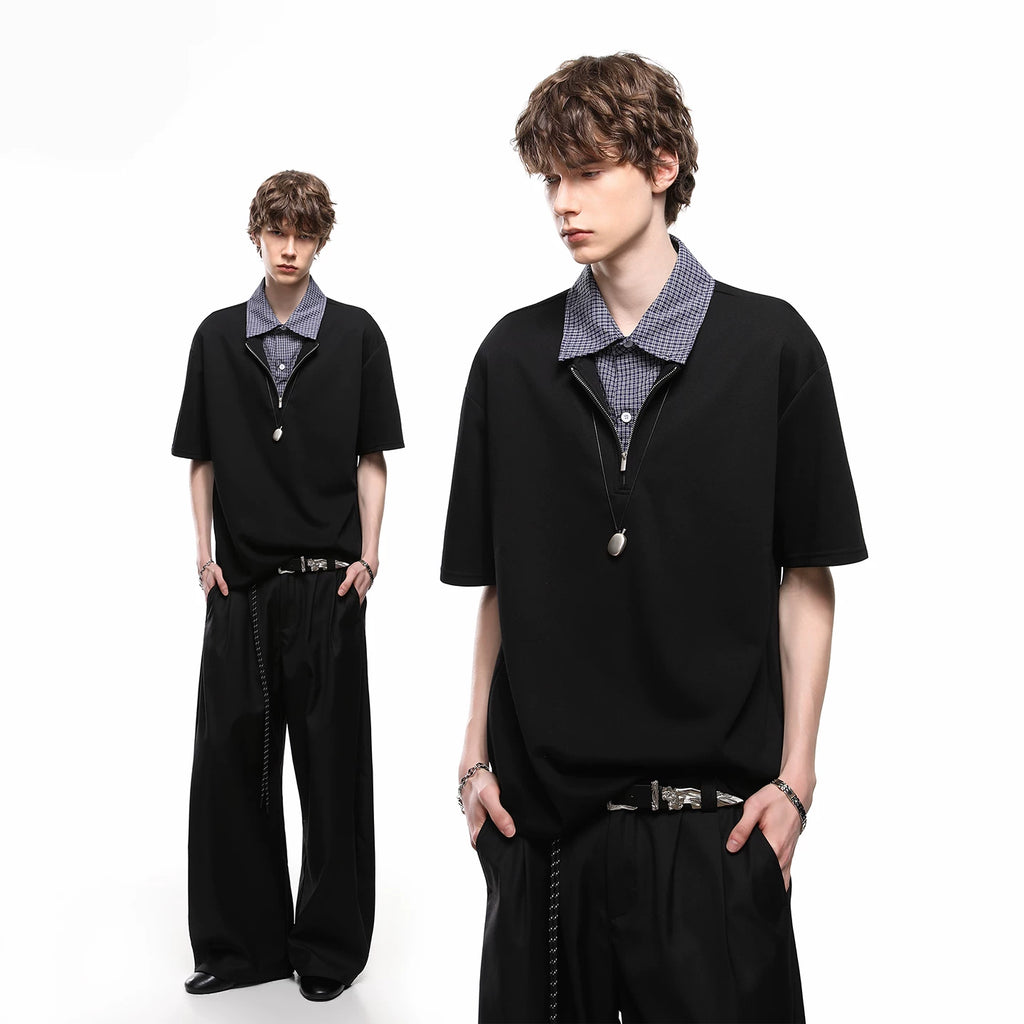 TREND ST American retro fake two-piece shirt collar short sleeved T-shirt men's summer checkered splicing loose polo shirt
