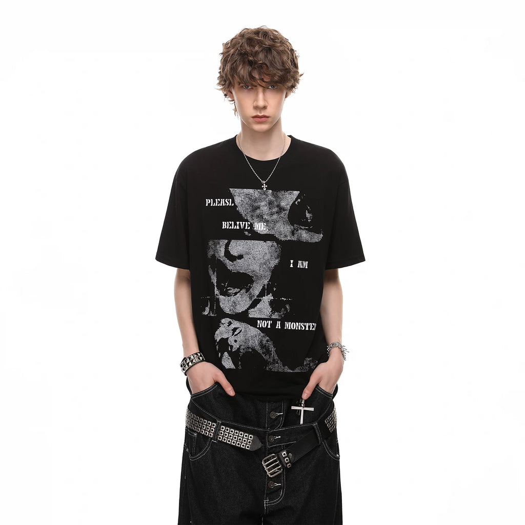 Trendy Street Summer New Product Dark High Street Portrait Printed Short Sleeve T-shirt Men's Trendy Brand Trendy Hip Hop Half Sleeve T-shirt