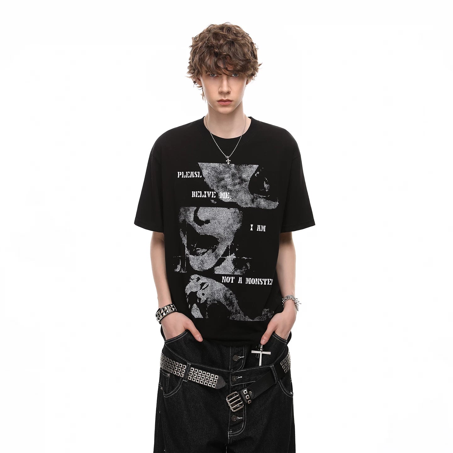 Trendy Street Summer New Product Dark High Street Portrait Printed Short Sleeve T-shirt Men's Trendy Brand Trendy Hip Hop Half Sleeve T-shirt