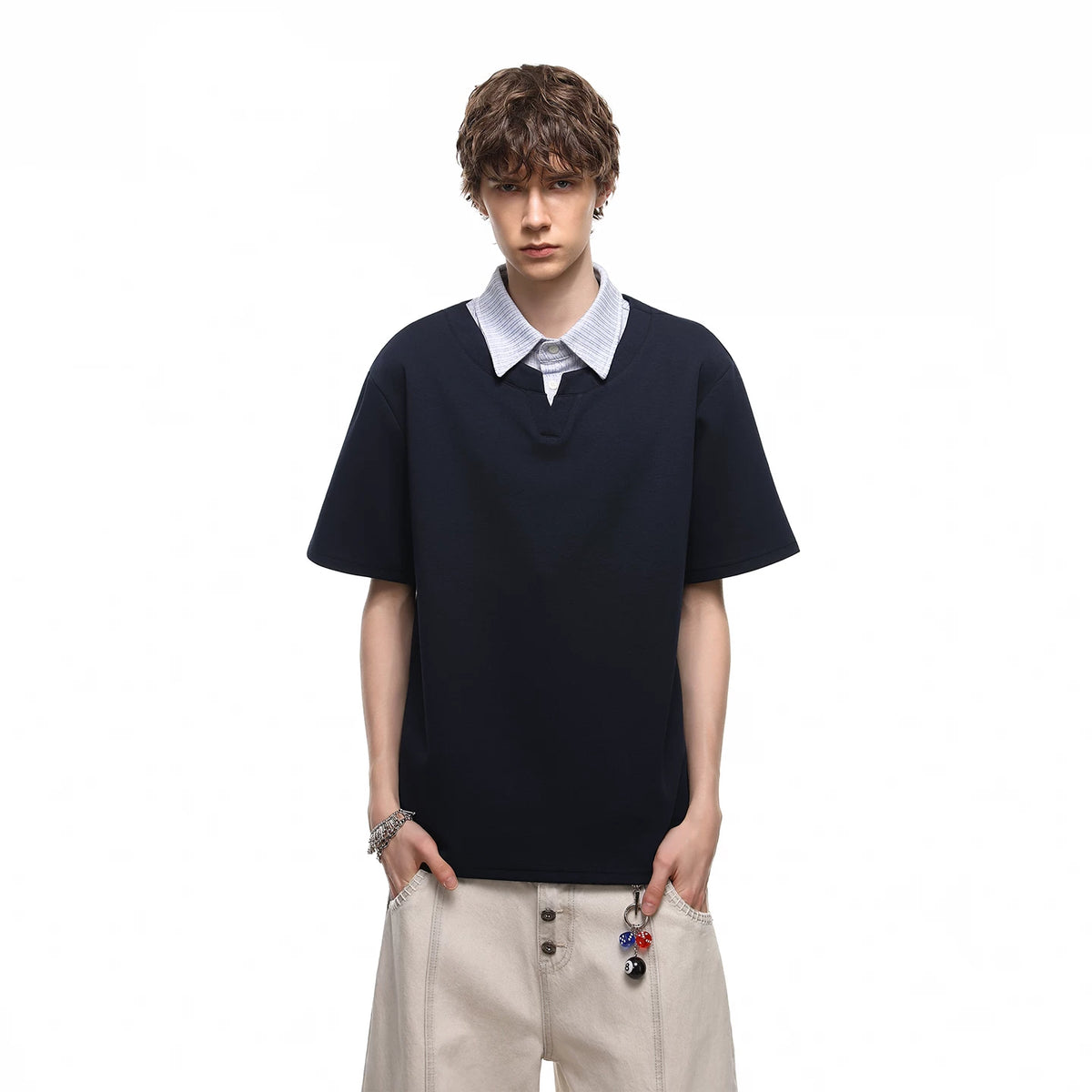 TREND ST American Retro Fake Two piece Polo Shirt Short Sleeve T-shirt Men's Summer Cleanfit Versatile Half Sleeve TEE