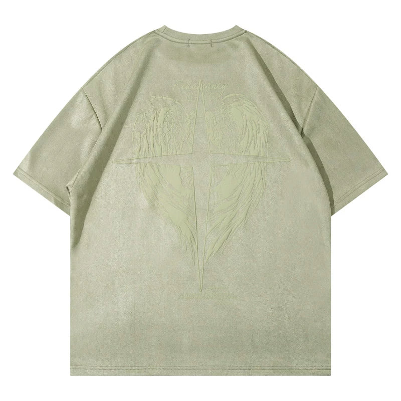 American high street suede angel cross short-sleeved T-shirt men's summer European and American retro loose oversize top