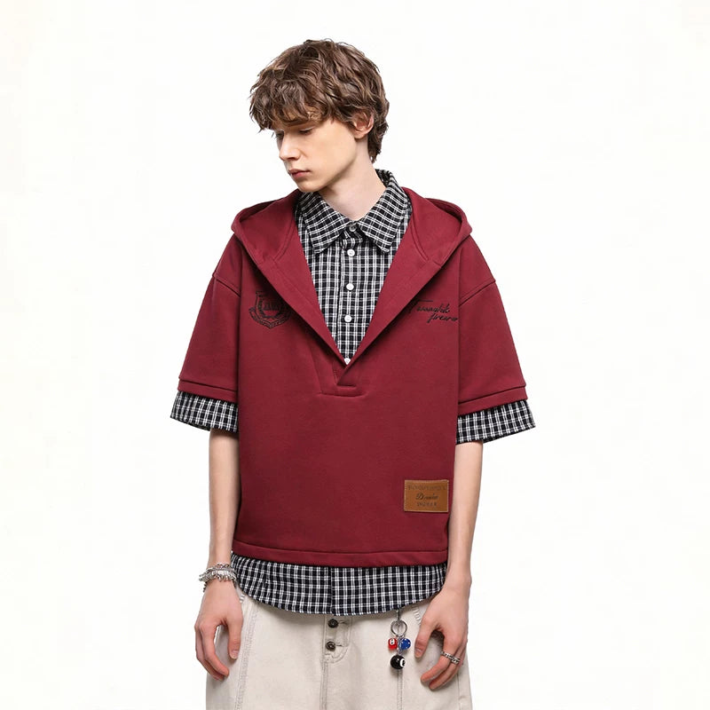 TREND ST American style fake two piece checkered shirt short sleeved summer high-end hooded T-shirt for men and women couple top
