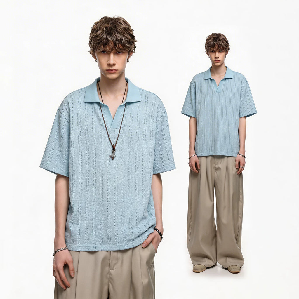 [Old Money Style Jacquard Texture] Trendy Block Summer Loose Knitted Collar Polo Shirt Short Sleeve Men's Casual T-shirt