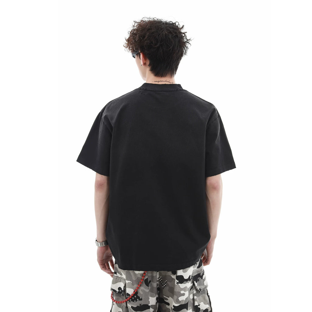 300g Heavy duty Small Collar T-shirt Men's Trendy Brand Loose Letter Pure Cotton Short Sleeve High Weight Remake Old Gradient T-shirt Summer