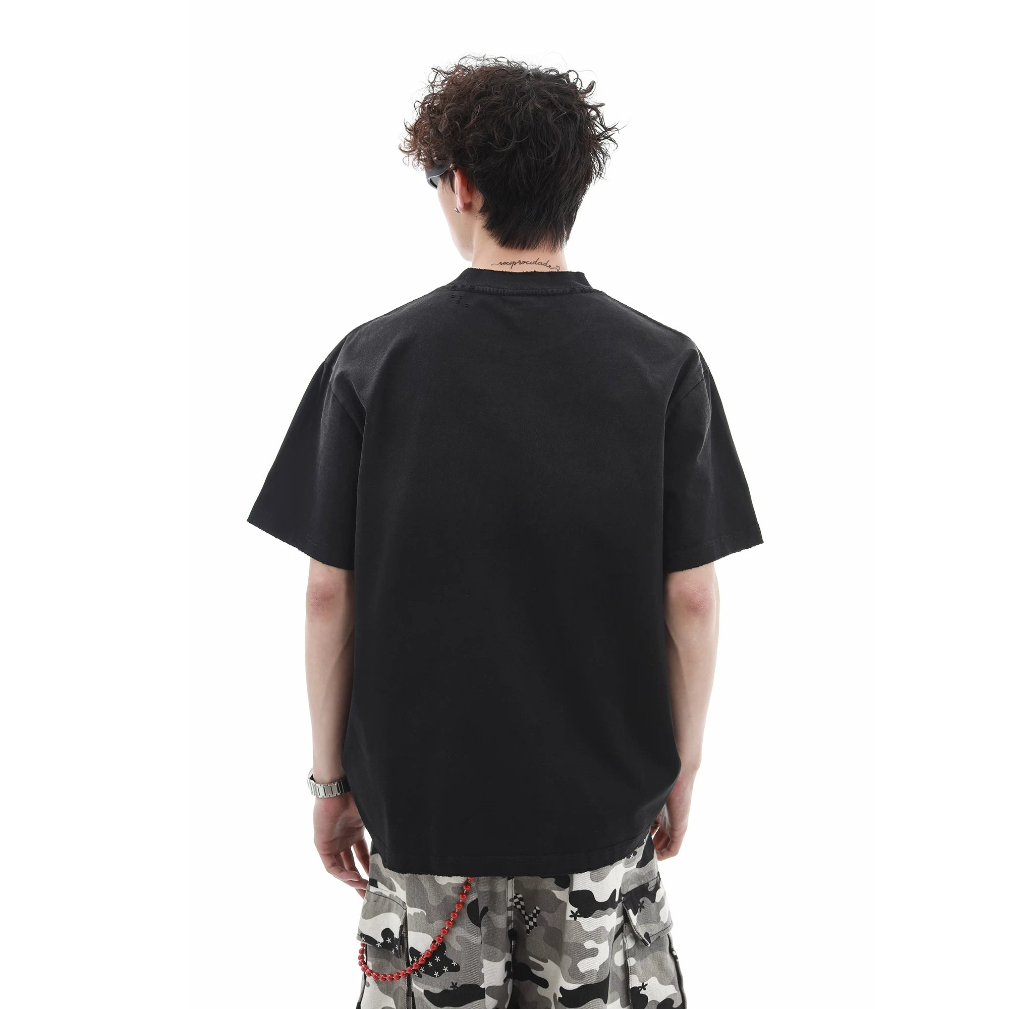 300g Heavy duty Small Collar T-shirt Men's Trendy Brand Loose Letter Pure Cotton Short Sleeve High Weight Remake Old Gradient T-shirt Summer