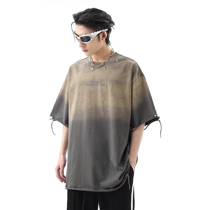 Street trendy brand niche wasteland style ripped hole short sleeved t-shirt for men's summer American retro vintage vintage gradient couple top