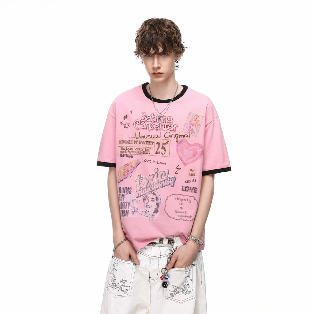 TREND ST American retro fun printed T-shirt short sleeved for men and women in summer, loose and lazy, versatile for couples, half sleeved