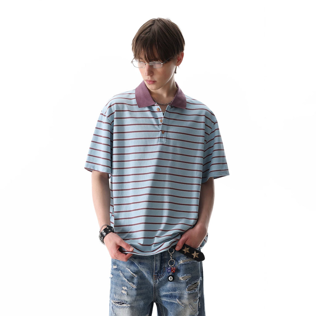 TREND ST retro contrasting striped polo shirt short sleeved men's summer 2026 new loose casual collar T-shirt