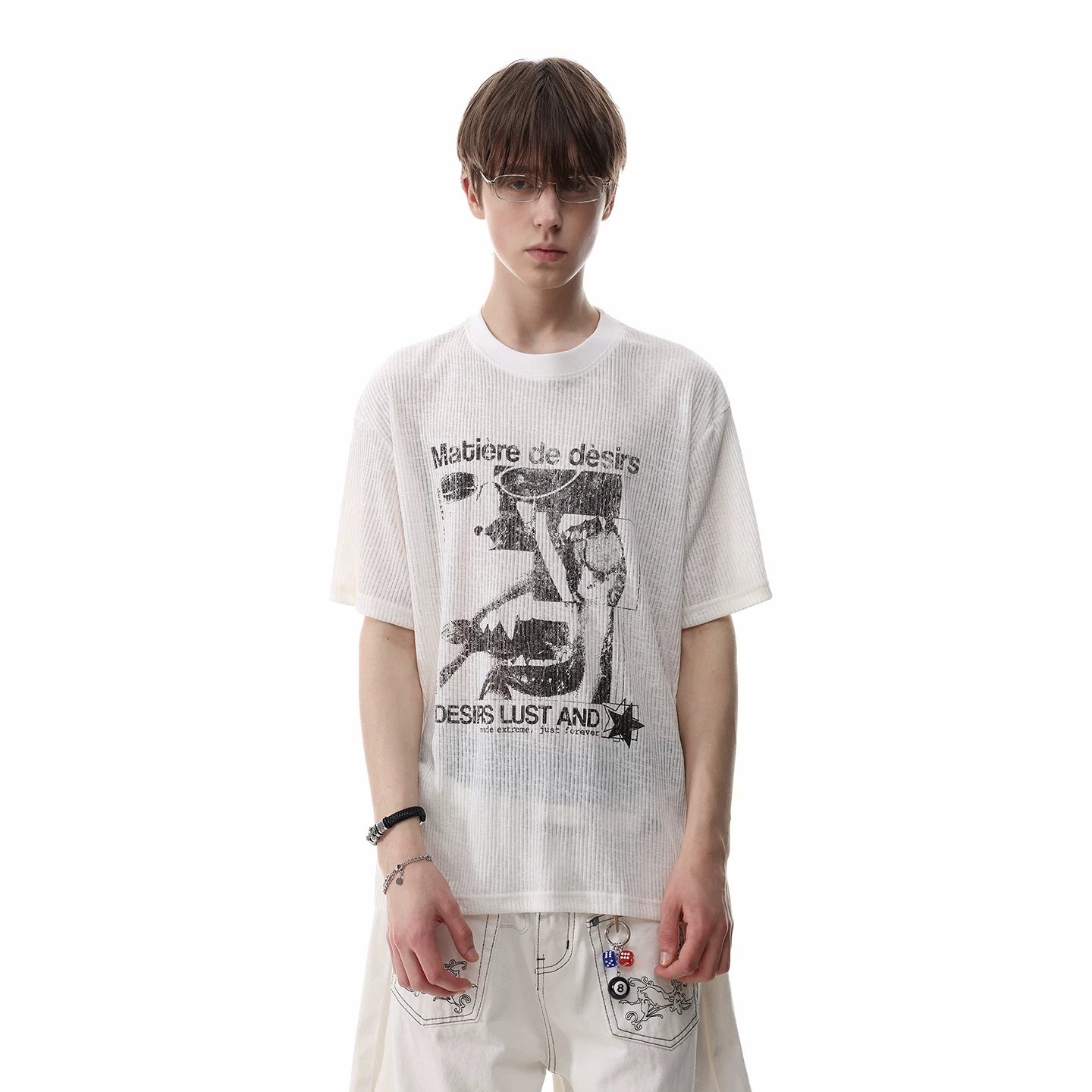 American retro texture figure print short sleeved T-shirt for men's summer round neck breathable semi transparent knitted top trendy