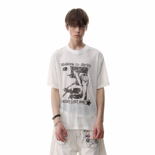 American retro texture figure print short sleeved T-shirt for men's summer round neck breathable semi transparent knitted top trendy