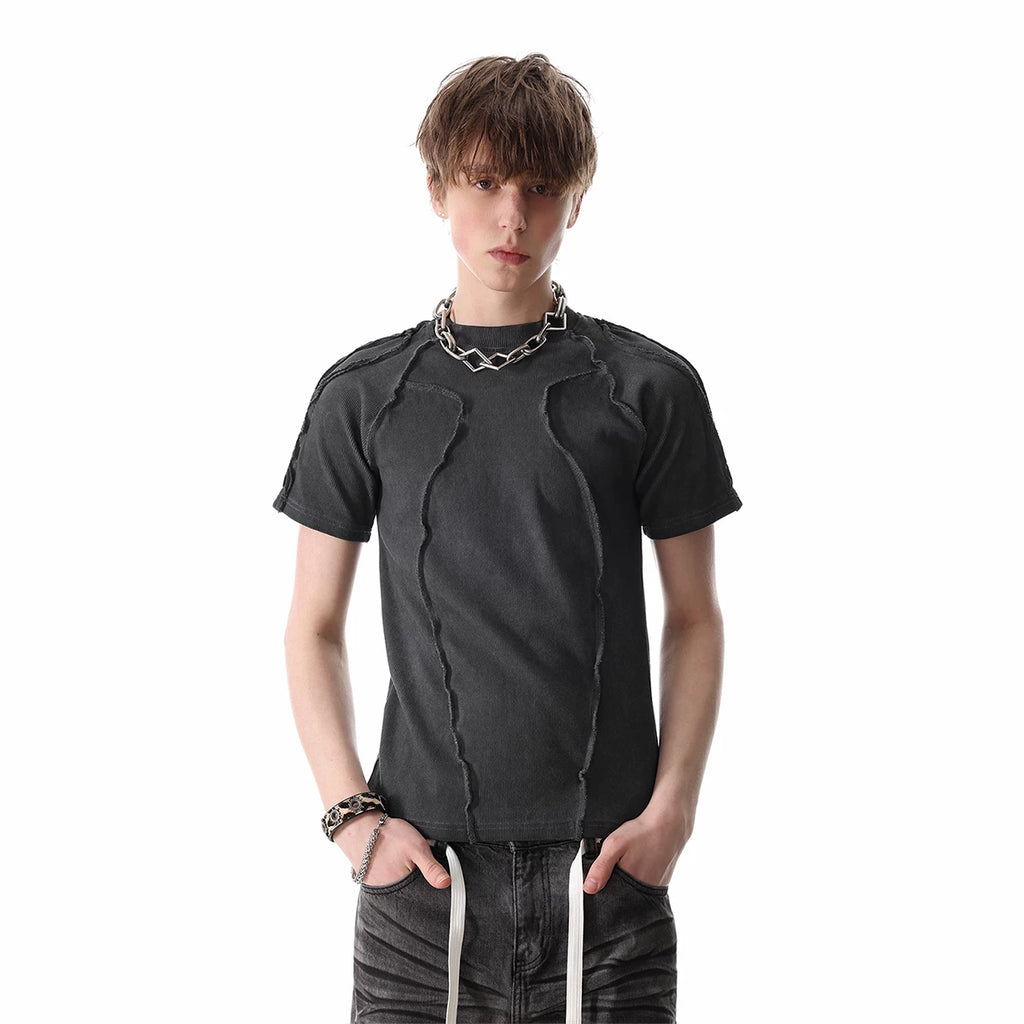 TREND ST Heavy Weight 450g Craftsmanship Deconstruction Slim Short Sleeve T-shirt for Men and Women, Wasteland Wind Pioneer Shoulder Insert T-shirt