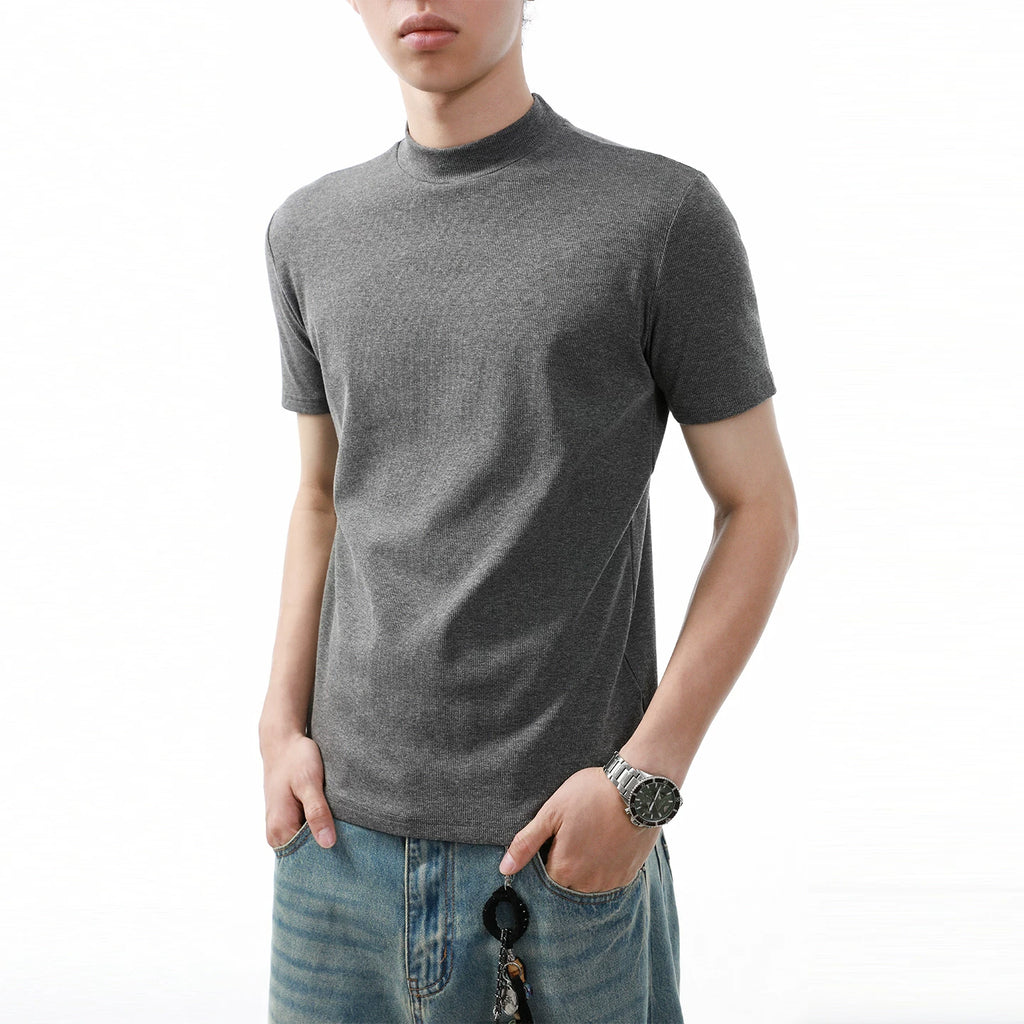 Wang Jiaer's trendy street style slim fit half high neck T-shirt with front shoulder, men's cleanfit, heavyweight solid color short sleeved boxy