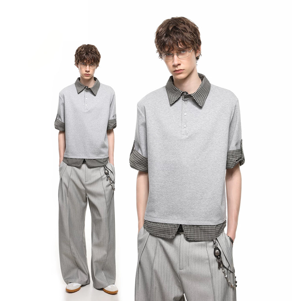 Miu style fake two piece polo shirt short sleeved couple summer patchwork design sense shoulder T-shirt loose five quarter sleeve