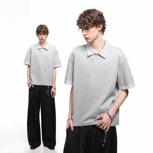 American retro fake two piece polo shirt short sleeved men's summer plaid lapel couple T-shirt cleanfit half sleeve