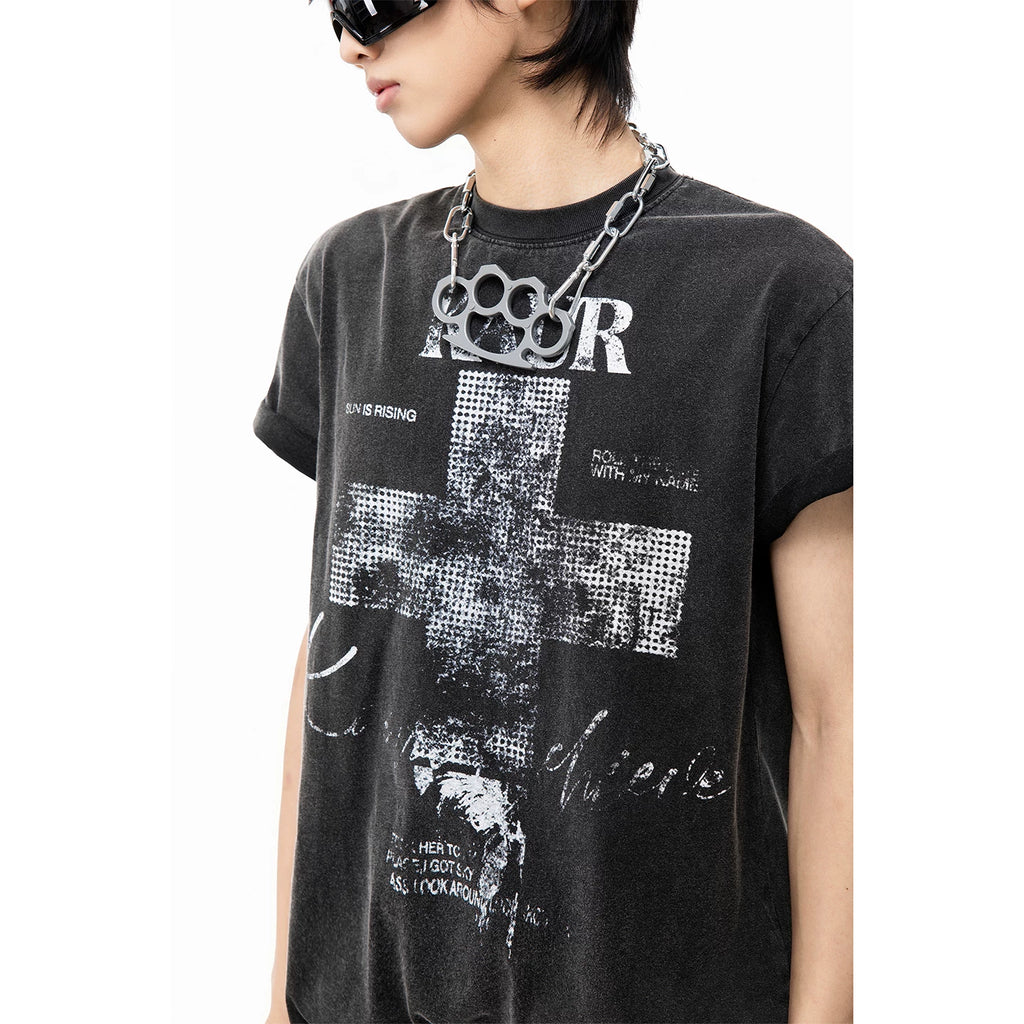 TREND ST Street Light Asia Cross Washed Vintage Printed Short sleeved Men's Summer Boxy Short Shoulder T-shirt