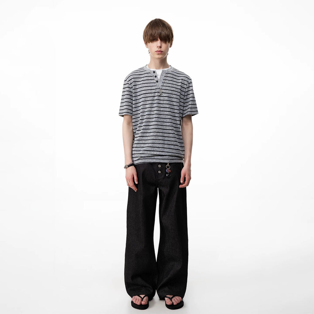 TREND ST Summer Vacation Two Piece Striped Knitted Short Sleeve T-shirt for Men, American Retro Loose Couple Half Sleeve TEE