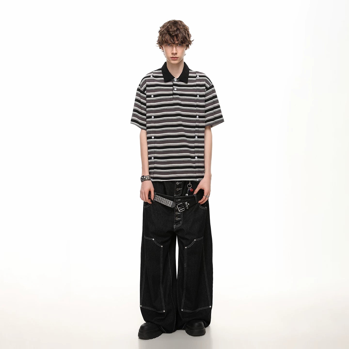 TREND ST American retro striped silhouette loose short sleeved polo shirt men's summer design double breasted T-shirt