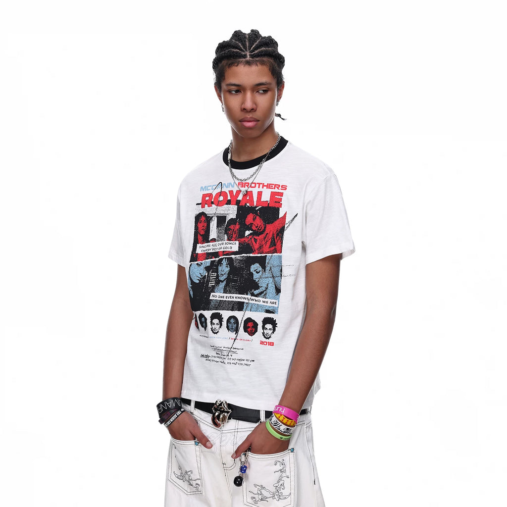 TREND ST American High Street Front Shoulder Boxy Short Style Printed Short Sleeve T-shirt for Men's Summer Hip Hop Band TEE