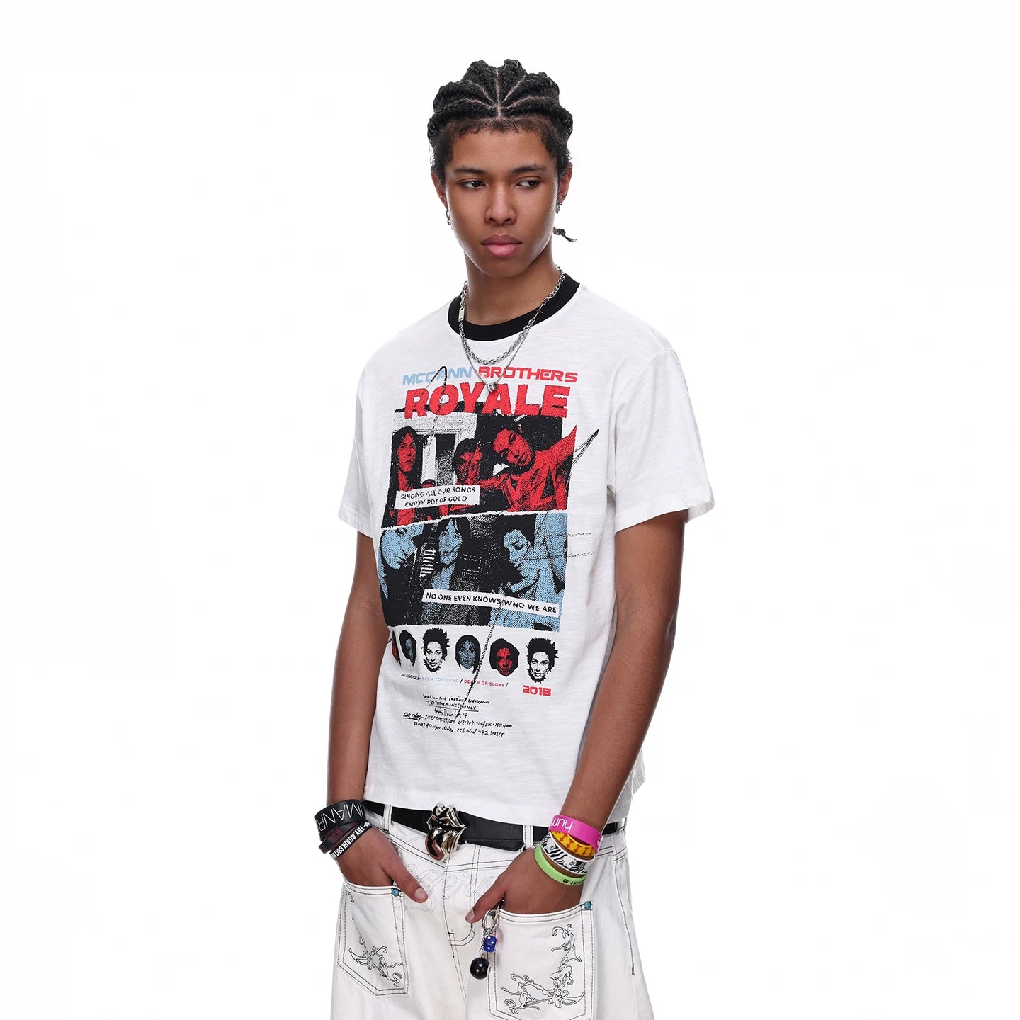 TREND ST American High Street Front Shoulder Boxy Short Style Printed Short Sleeve T-shirt for Men's Summer Hip Hop Band TEE