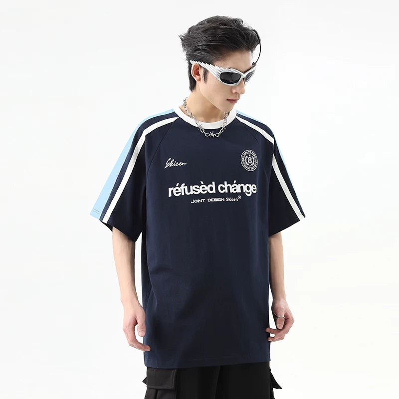 China-Chic hip-hop 260g heavy weight short sleeved t-shirt men's summer color contrast stitching deconstruction loose cotton lovers half sleeve tee