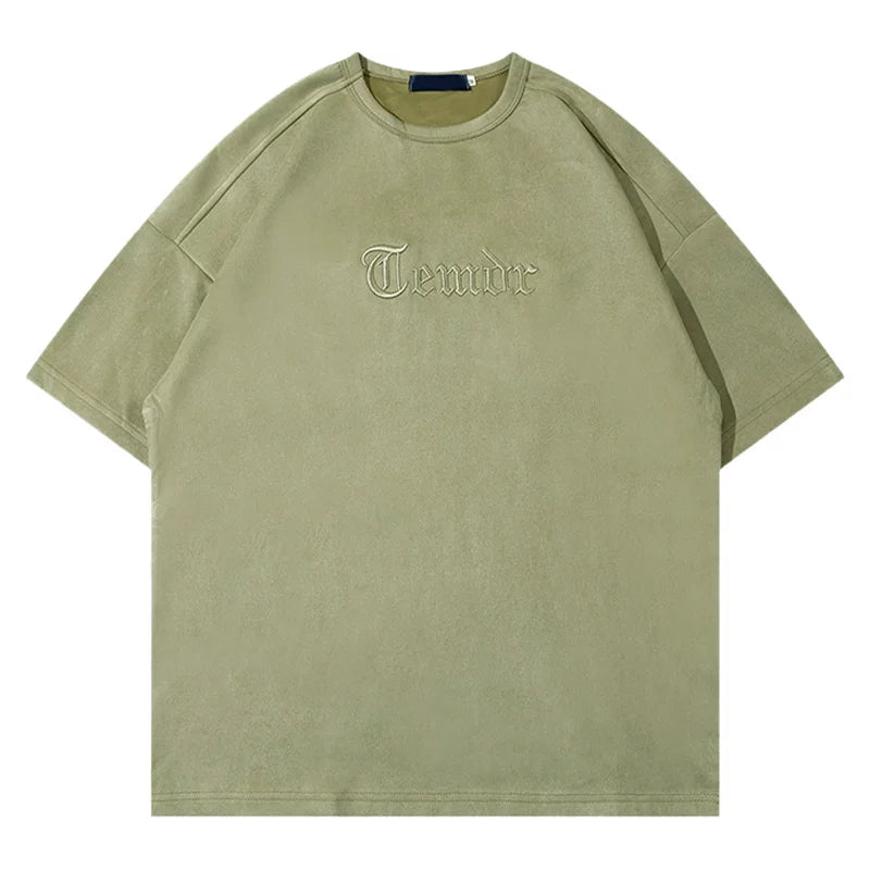 American retro heavy embroidery loose oversized short sleeved t-shirt men's summer trendy brand suede couple top