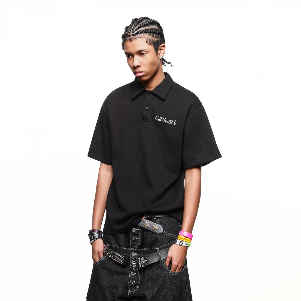 TREND ST Trendy American Retro Letter Embroidered Polo Shirt Short Sleeve Men's Summer Loose Couple Half Sleeve T-shirt