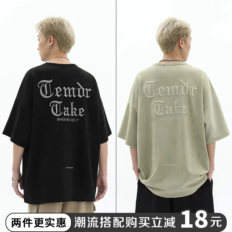 American retro heavy embroidery loose oversized short sleeved t-shirt men's summer trendy brand suede couple top
