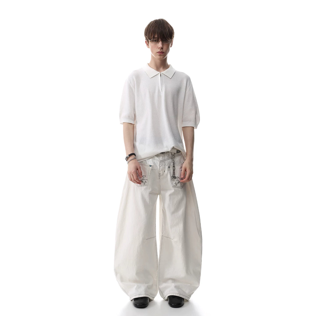 TRENDST Retro Money Style Texture Half Zipper Polo Shirt Men's Summer Commuter Loose Knitted Short Sleeve T-shirt